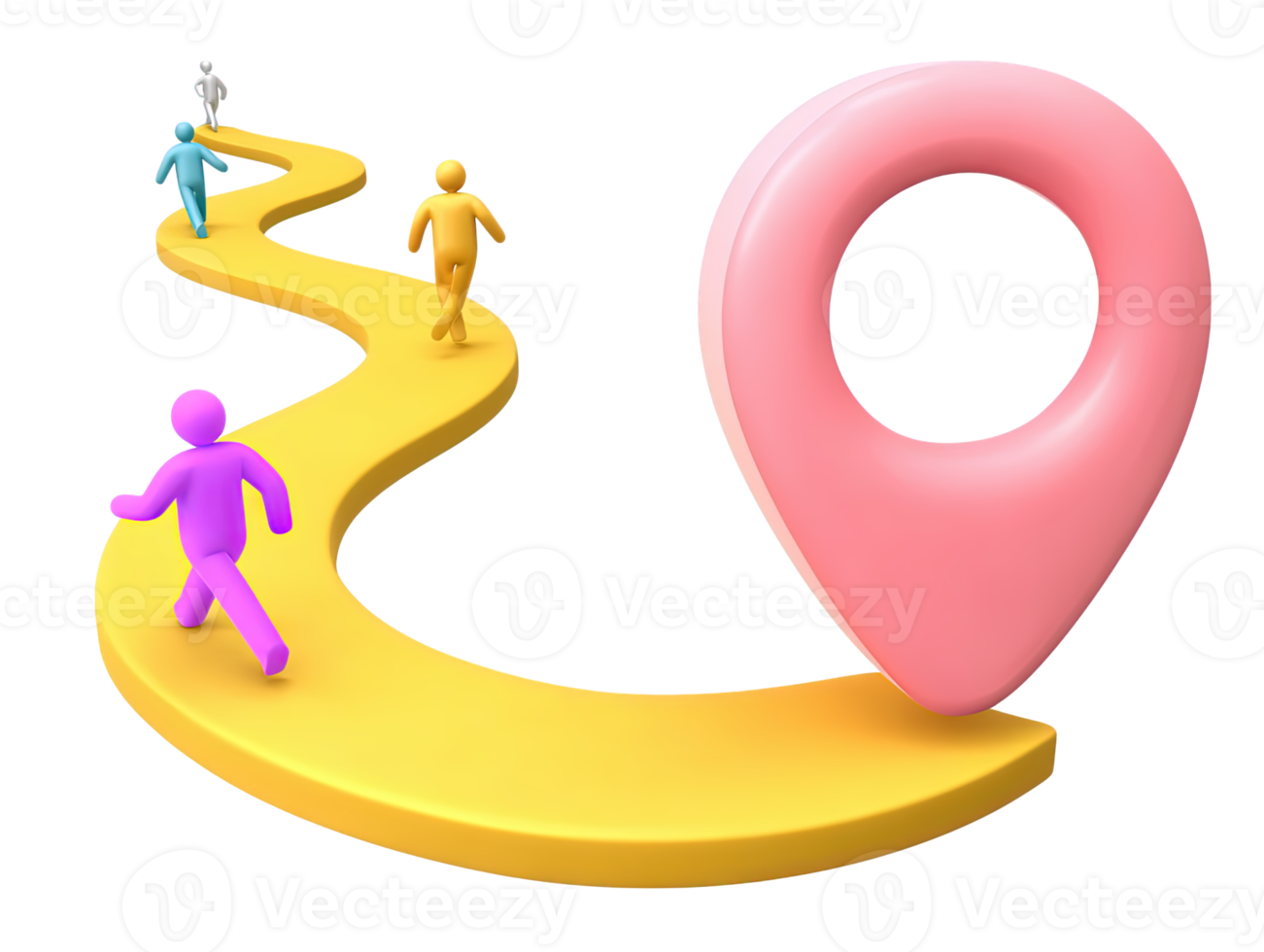 3D people walk winding path to location pin for goals destination navigation guidance achieving objectives Clear depiction for direction strategy travel plans png