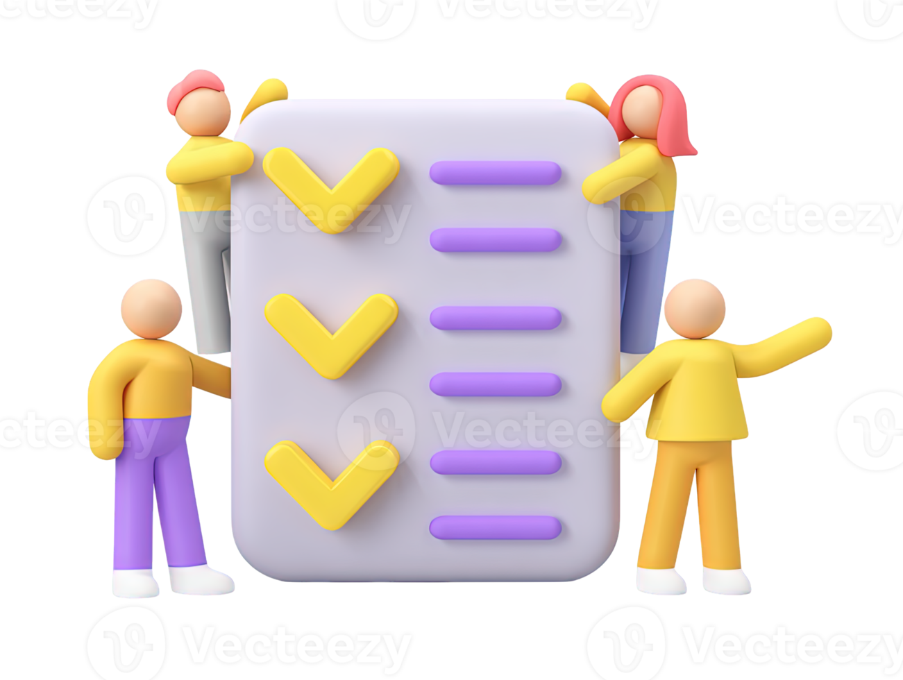 3D group works on large checklist for project management task organization collaboration achieving collective goals efficiently A clear visual for productivity png