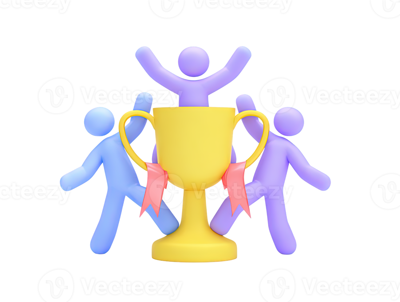 3D diverse group celebrates around golden trophy for collective achievement victory collaboration shared goals Joyful visual for team accomplishments and awards png