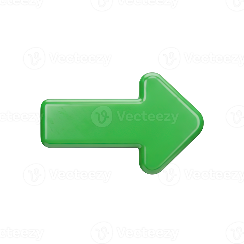 3D rendered icon of a green right arrow symbolizing next step proceed continue or forward movement in navigation or process flow direction png