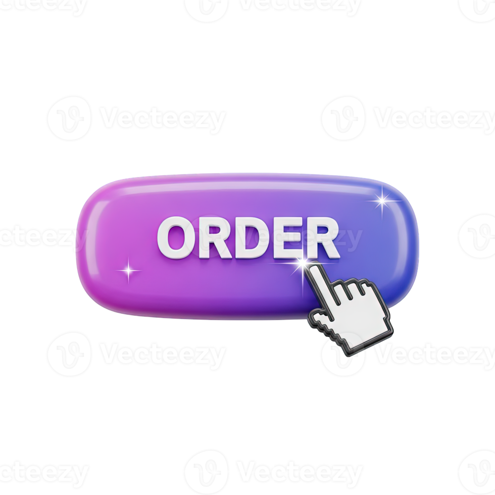 3D rendered icon of a purple ORDER button with a cursor arrow indicating an online purchase action click to buy or ecommerce transaction process png