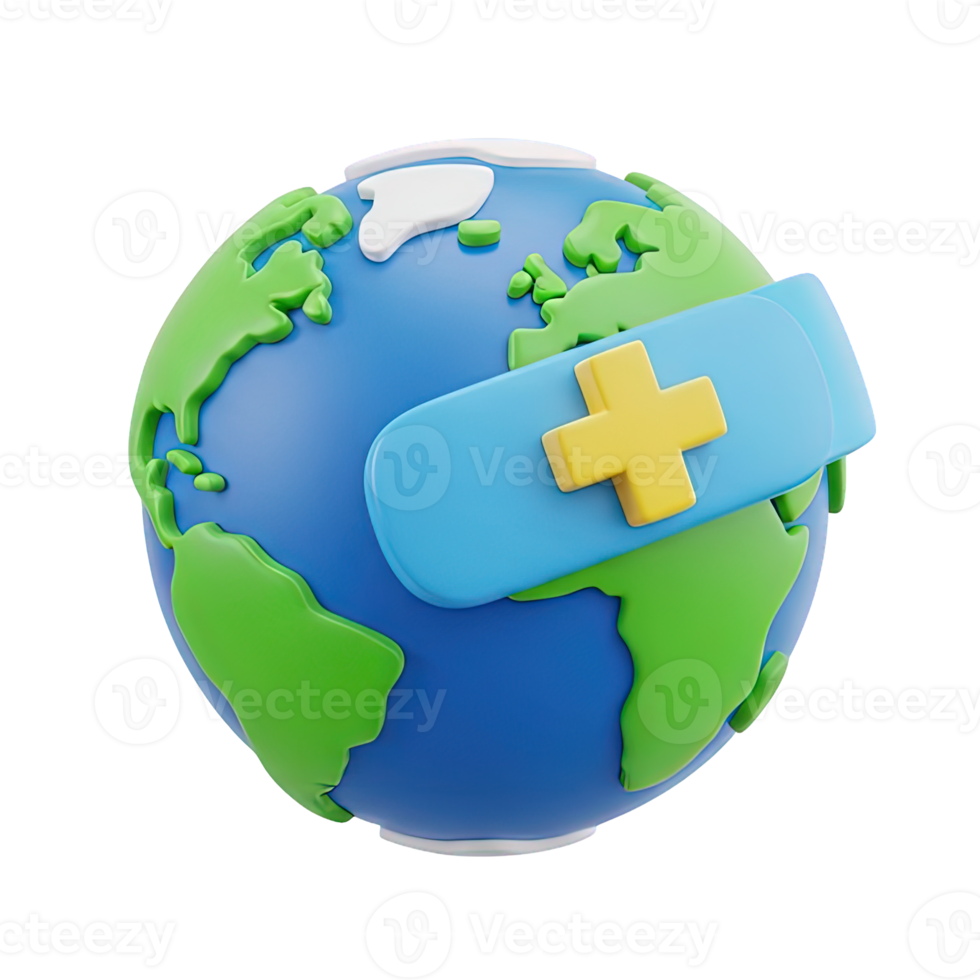 3D rendered icon of a globe with a bandage cross symbolizing world health global aid disaster relief or healing the planet earth and humanity png