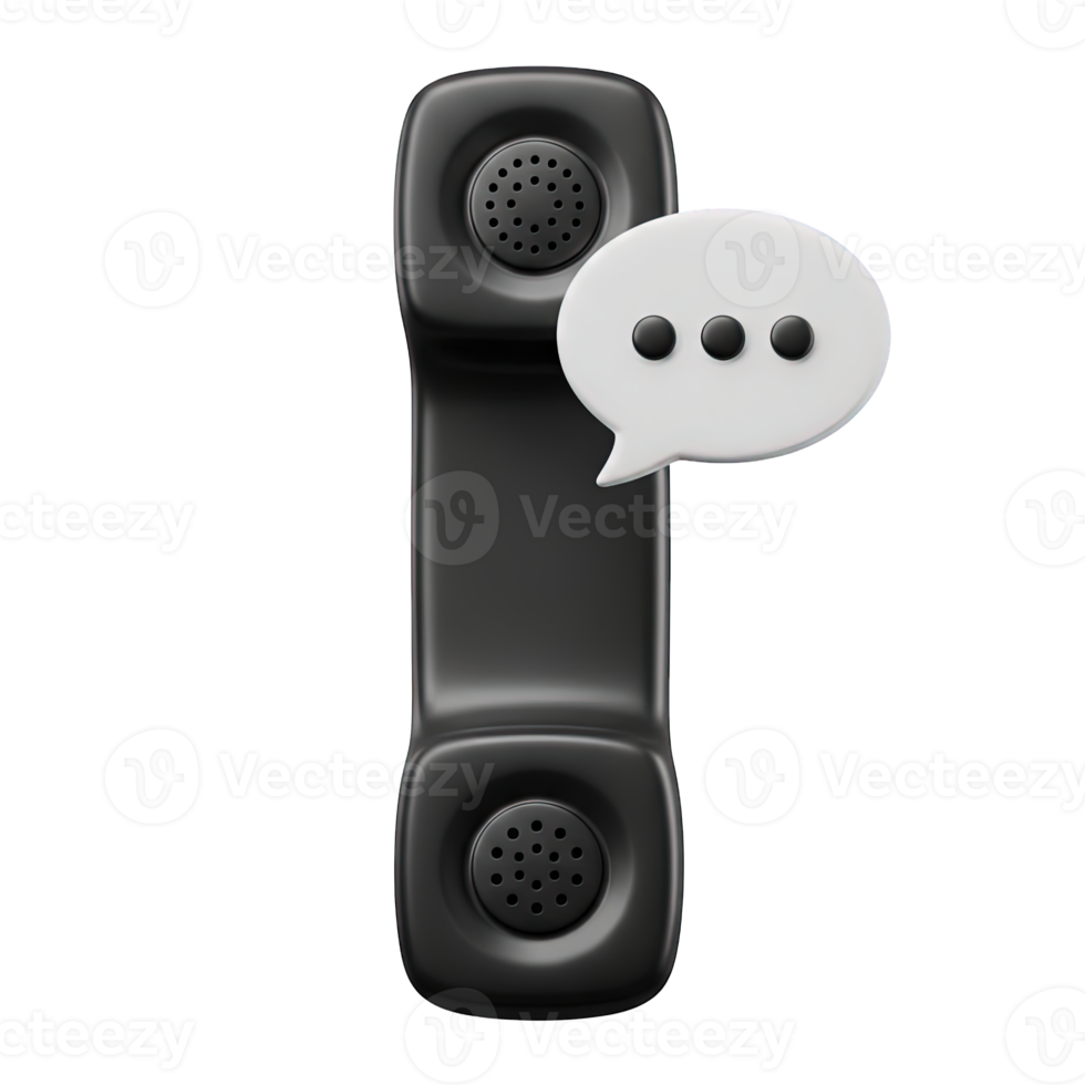 3D rendered icon of a classic telephone receiver with a speech bubble and ellipsis indicating a voice call ongoing conversation or phone line png