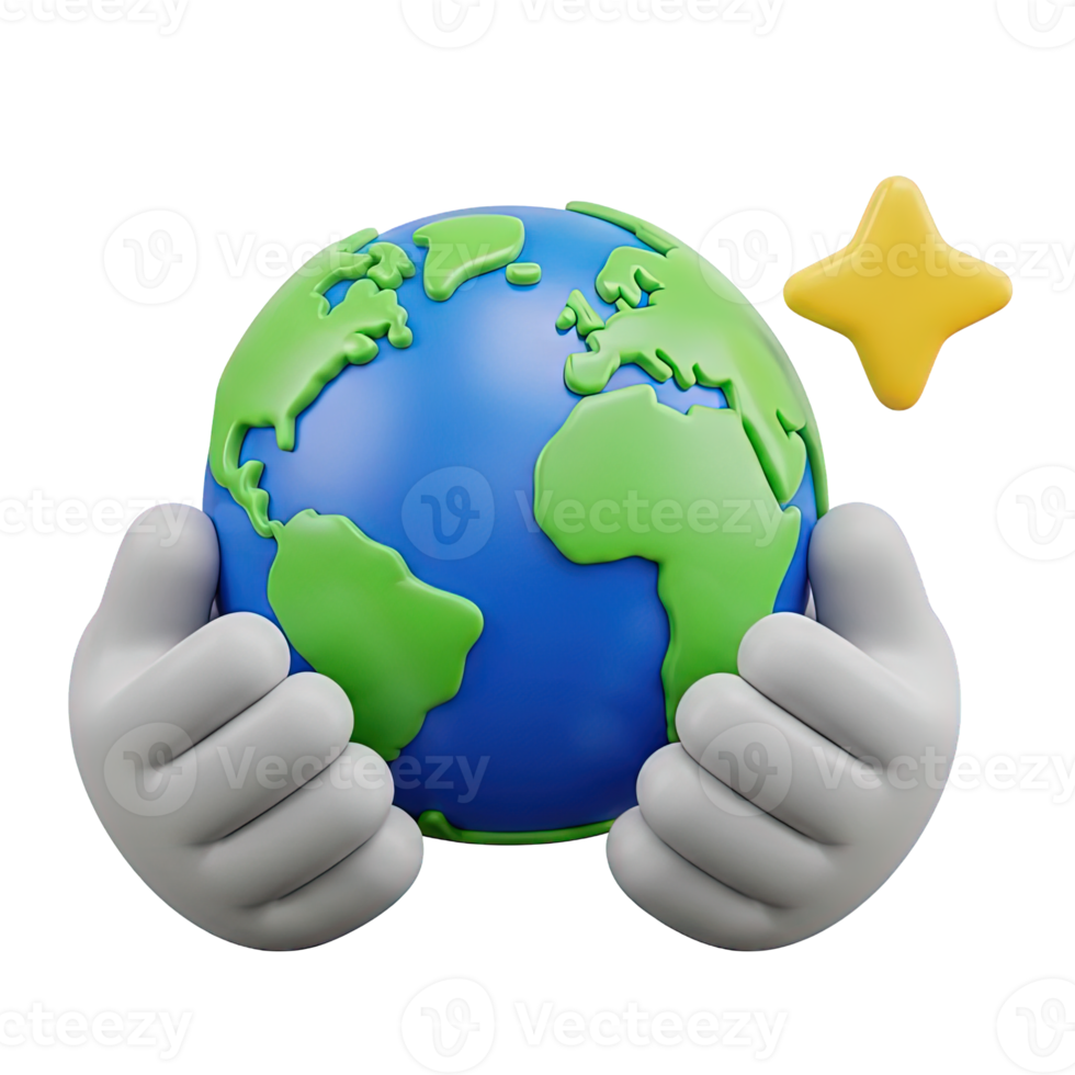 3D rendered icon of hands holding a globe with a star signifying global achievement worldwide success or protecting our planet for a bright future png