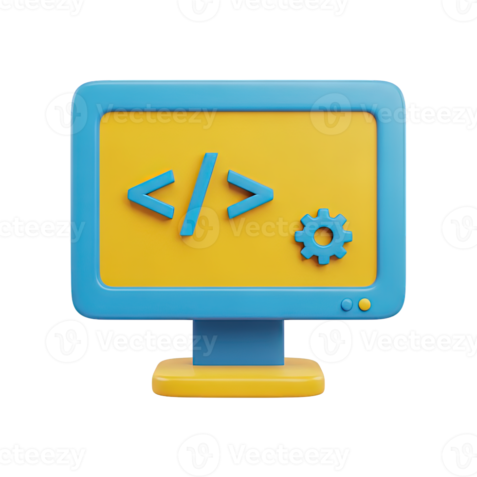 Detailed 3D rendered icon of a computer screen showing code tags and a settings gear symbolizing software development web programming and appsetup png