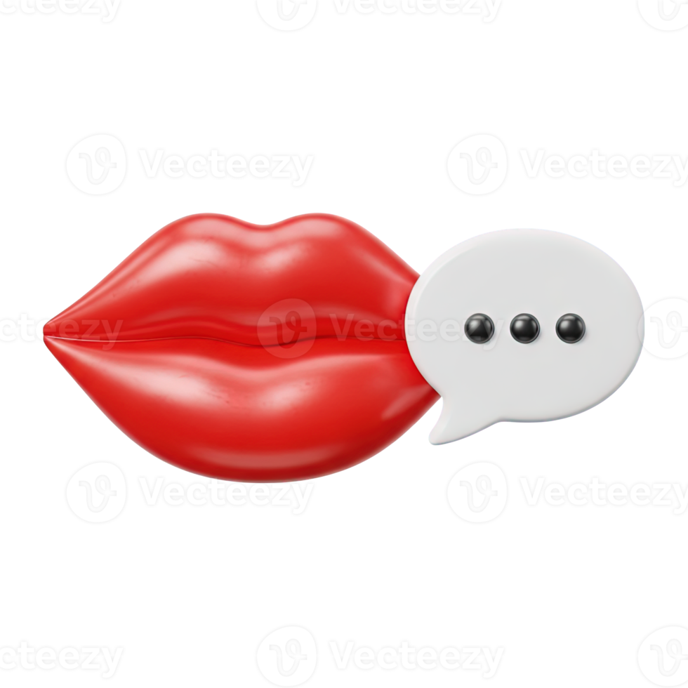 3D rendered icon of red lips alongside a speech bubble with an ellipsis symbolizing voice message speaking gossip or ongoing vocal communication art png