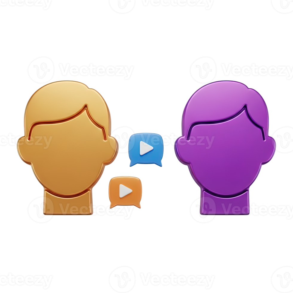 3D rendered icon of two user heads with speech bubbles containing play and chat icons symbolizing online communication chat or interactive talk png