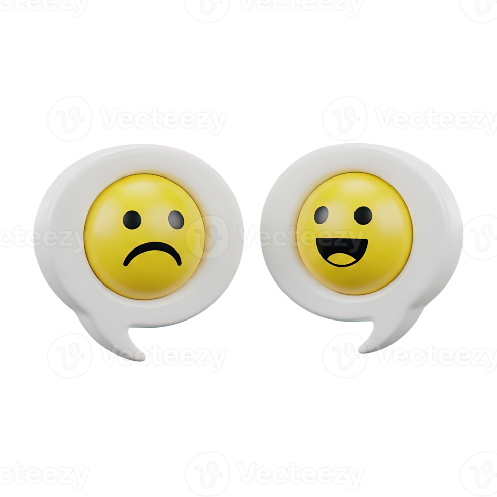 3D rendered icon of two speech bubbles one with a sad face and one with a happy face representing mixed emotions feedback or sentiment analysis tool png