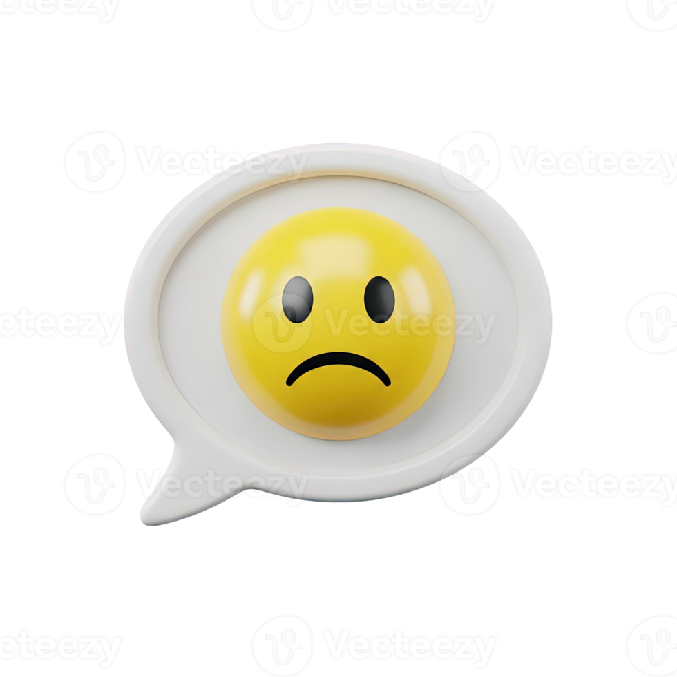 3D rendered icon of a chat bubble with a sorrowful emoticon face conveying sadness dissatisfaction or a negative online interaction sentiment today png