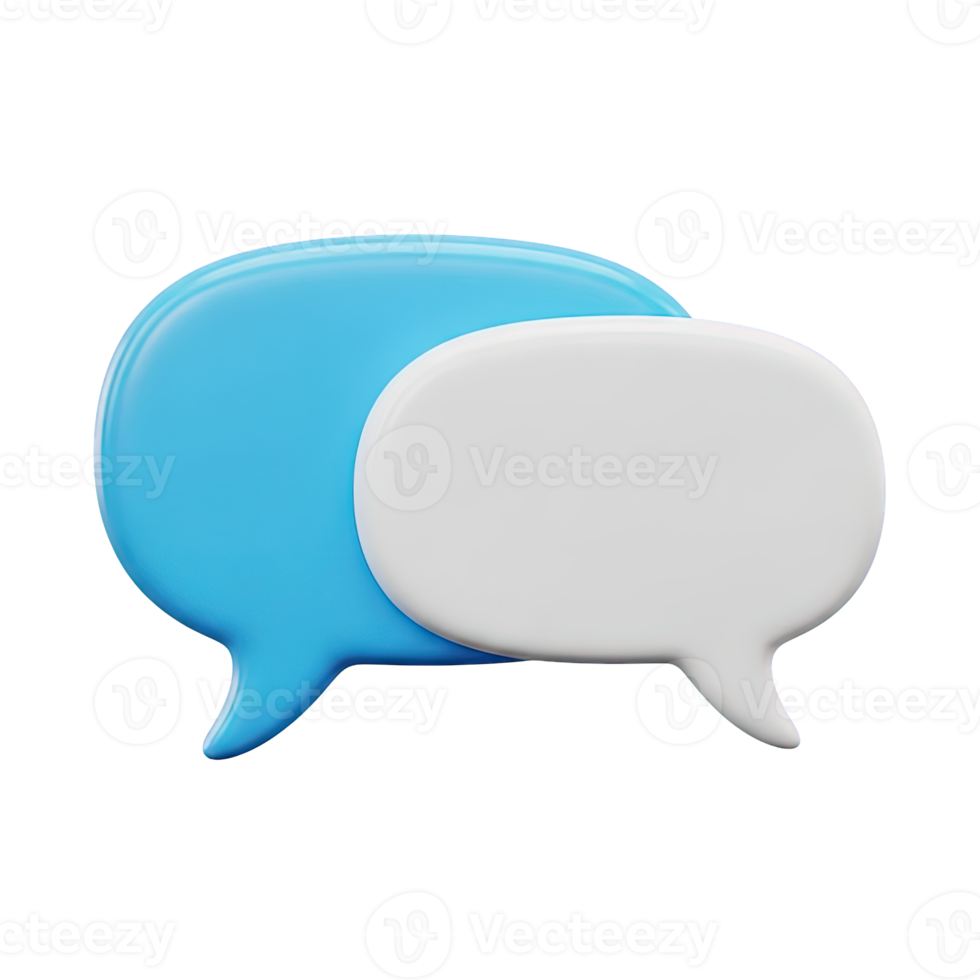 3D rendered icon of overlapping blue and white speech bubbles representing conversation dialogue chat communication or online discussion forum png