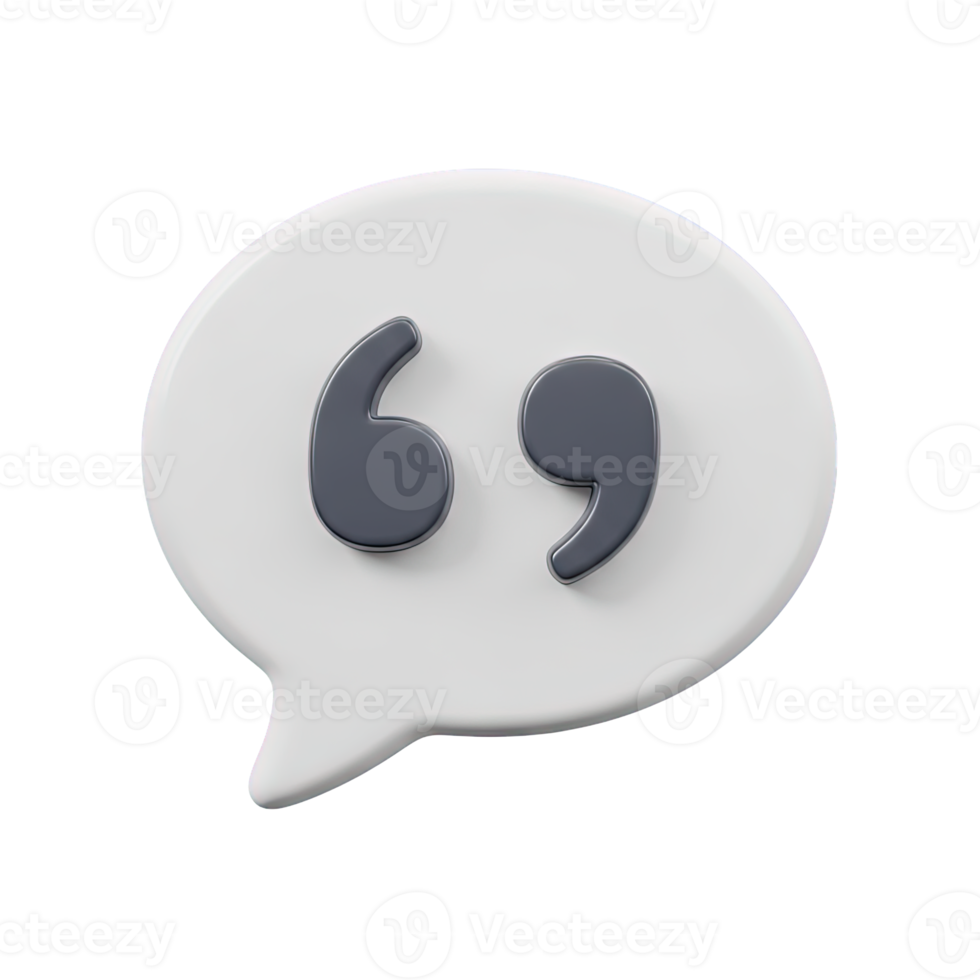 3D rendered icon of a speech bubble with quotation marks inside representing a direct quote citation or spoken words in a conversation exchange png
