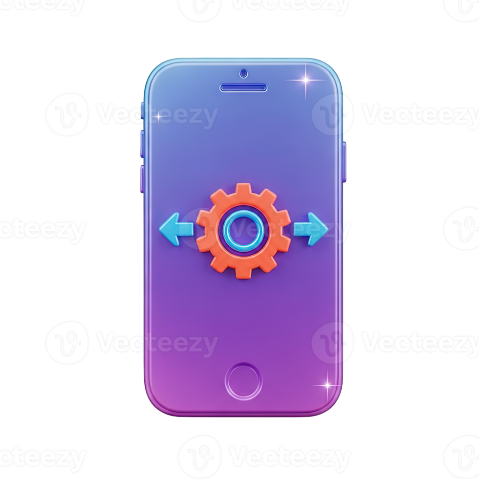 3d rendido ícone do uma Smartphone com uma engrenagem e Setas; flechas indicando Móvel aplicativo configurações sistema sincronização ou dados transferir configuração tecnologia png