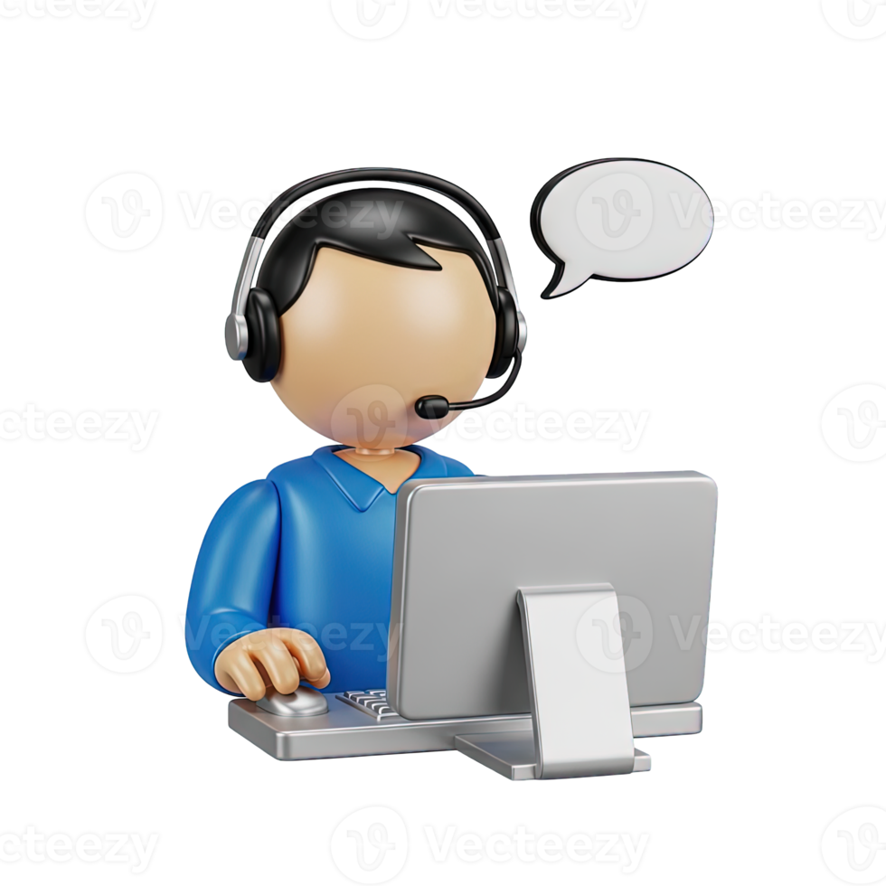 3D rendered icon of a customer service representative with a headset at a computer and speech bubble for online support call center or telework png