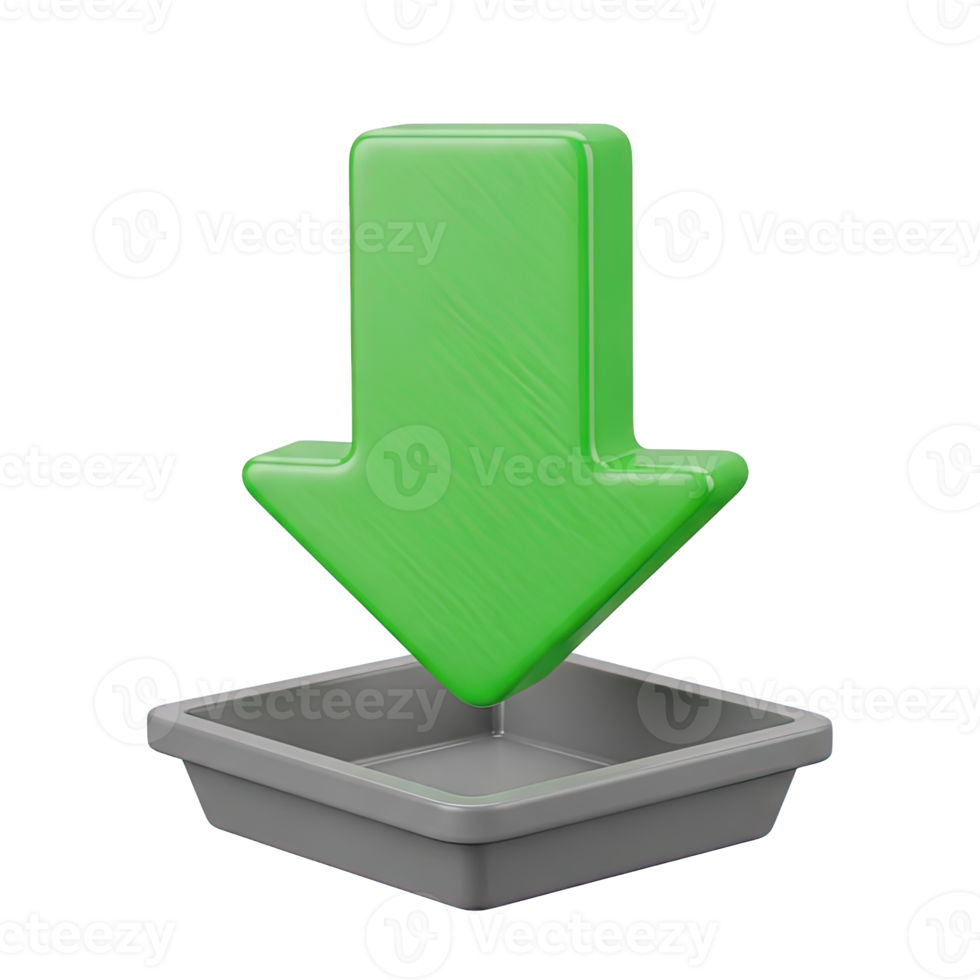 3D rendered icon of a green download arrow pointing into a tray symbolizing file download data saving or software installation process online png