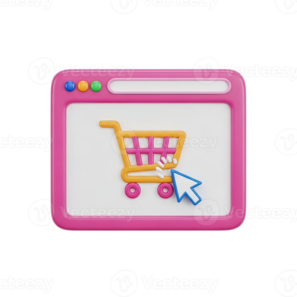 3D rendered icon of a web browser window with a shopping cart and cursor indicating online purchase adding items to cart or ecommerce checkout steps png
