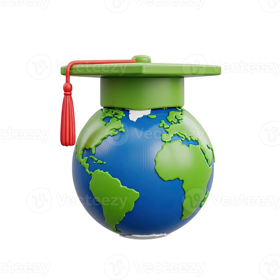 3D rendered icon of a globe wearing a graduation cap representing international education global studies or online learning achievements worldwide png