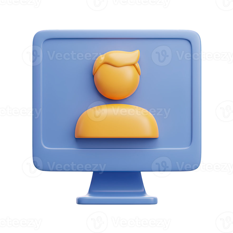 Detailed 3D rendered icon of a computer monitor with user profile symbol for personal computing account access and digital identity online webapps png