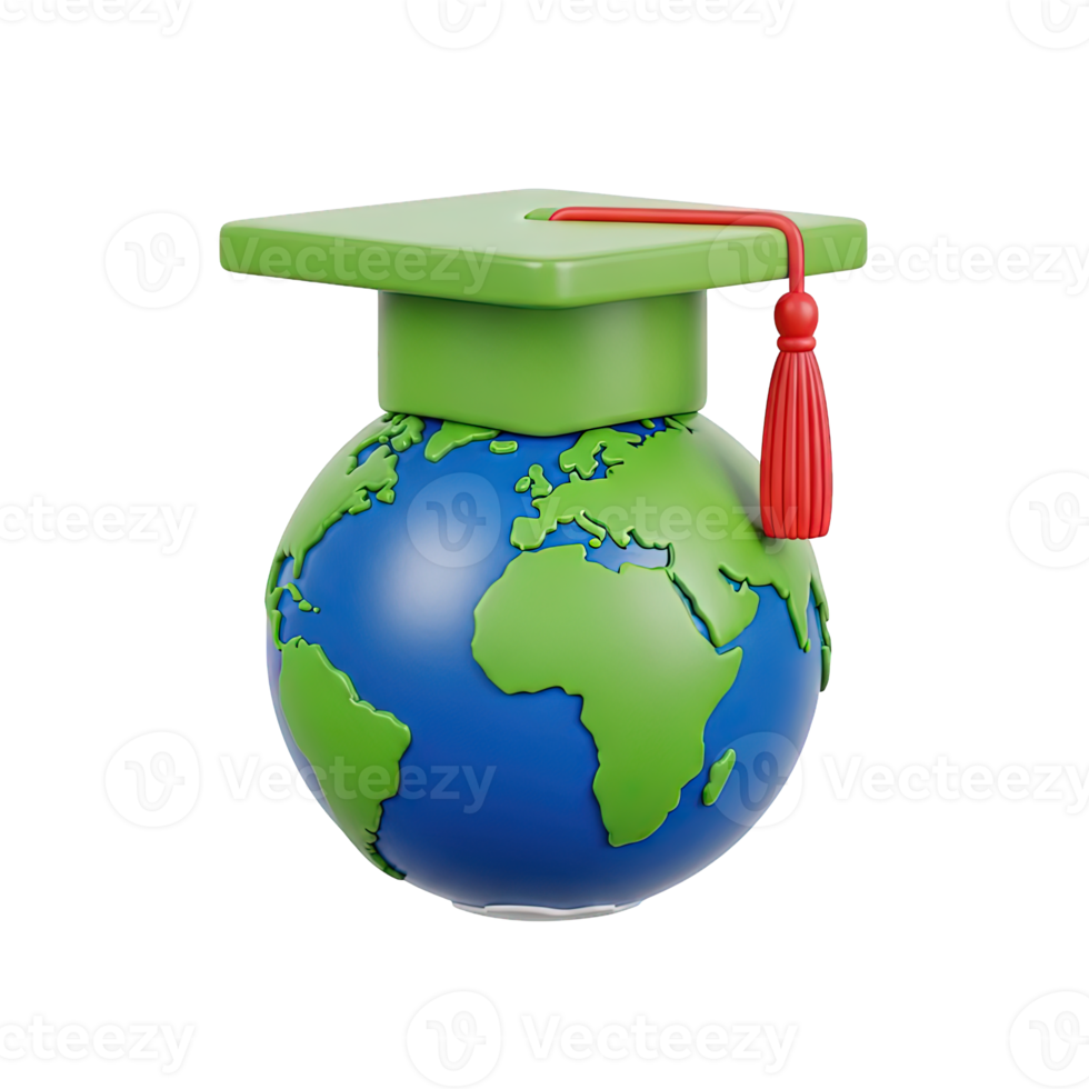 3D rendered icon of planet Earth wearing a graduation cap signifying global education academic excellence or worldwide learning opportunities online png