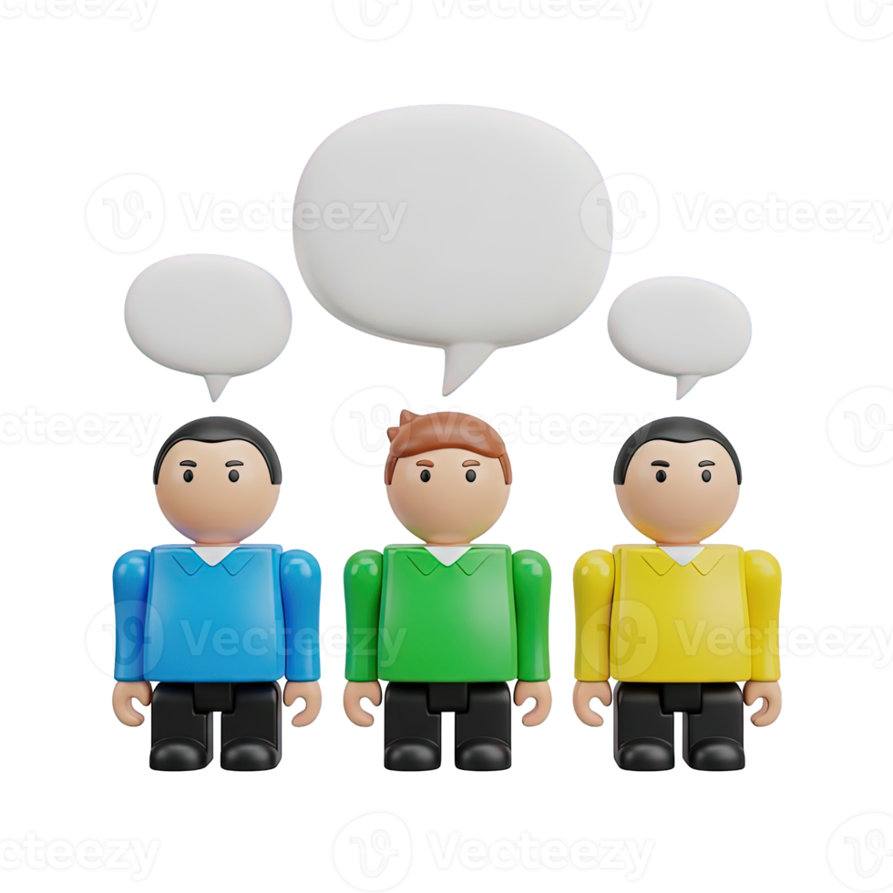 3D rendered icon of three diverse figures with speech bubbles above them signifying group discussion teamwork collaboration or a business meeting png