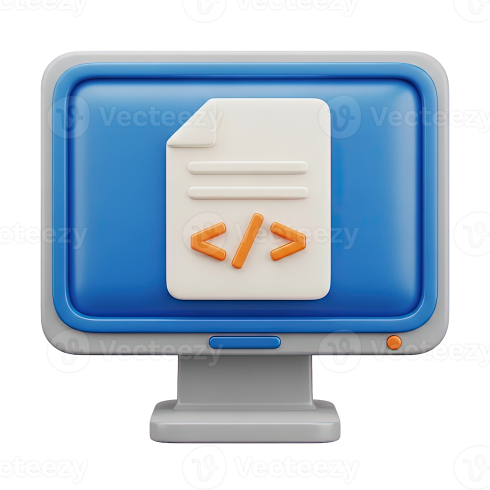 3D rendered icon of a computer screen showing a file document with code tags representing a script file source code or programming document for dev png