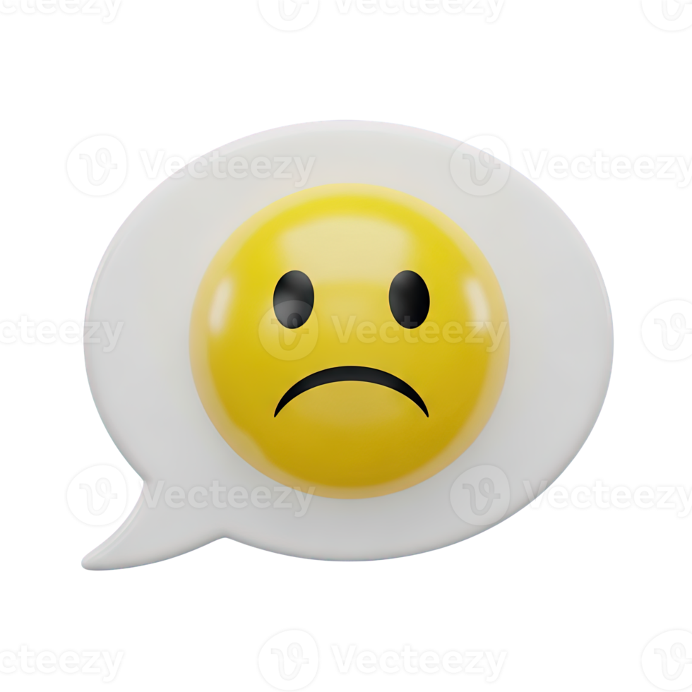 3D rendered icon of a speech bubble containing a sad face emoji representing negative feedback disappointment or unhappy customer communication now png