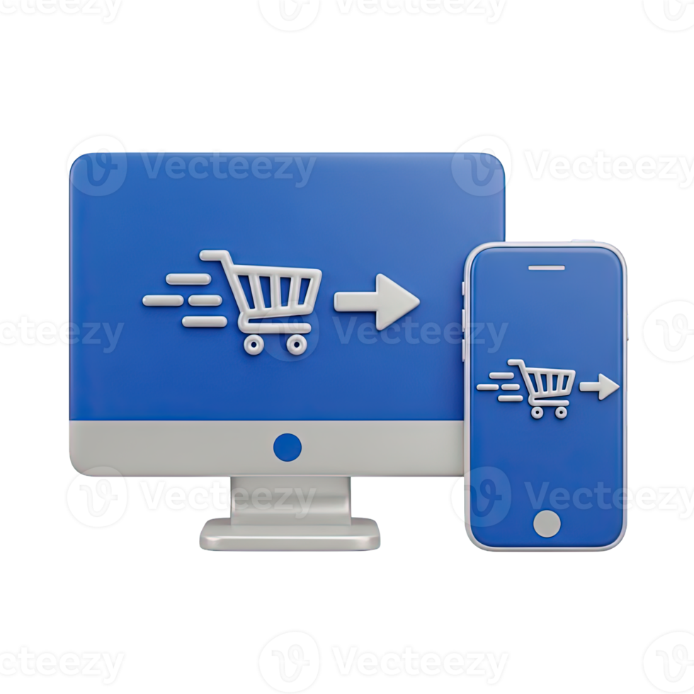 3D rendered icon illustrating online shopping continuity with a cart moving from desktop computer to smartphone for seamless ecommerce experience now png