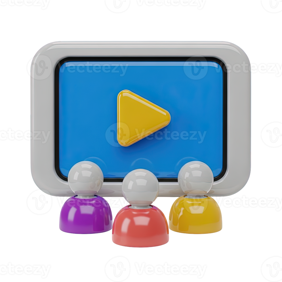 3D rendered icon computer monitor with play button user avatars suggesting online conferencing team collaboration or group streaming for modern apps png