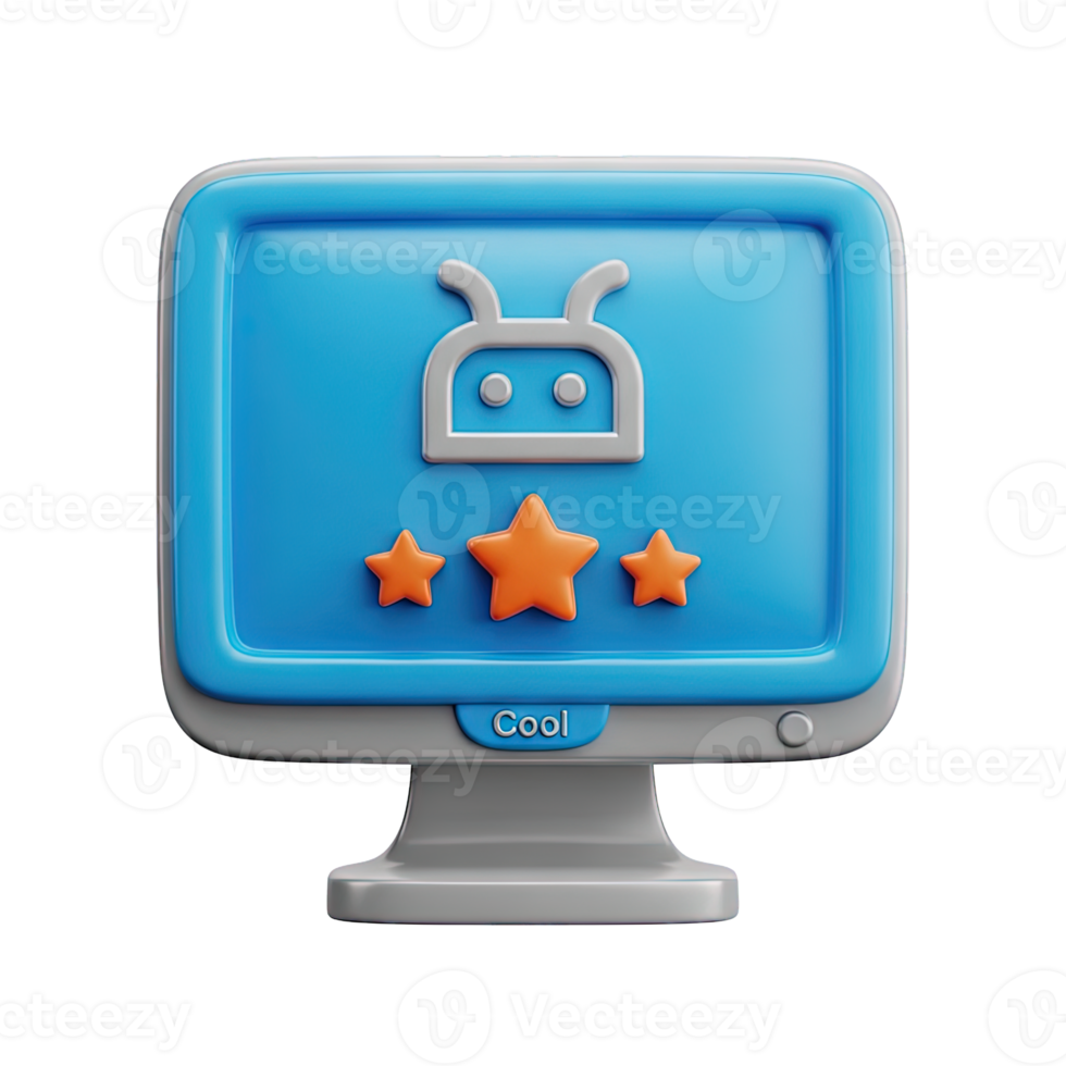 3D rendered icon of a computer display showing an android mascot and three stars indicating app performance user feedback or software ranking online png