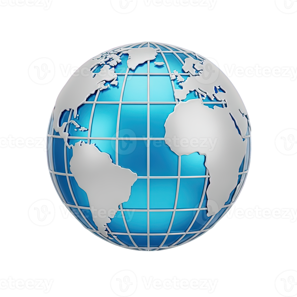 3D rendered icon of a stylized globe with grid lines symbolizing global network international business or worldwide connectivity and global travel png