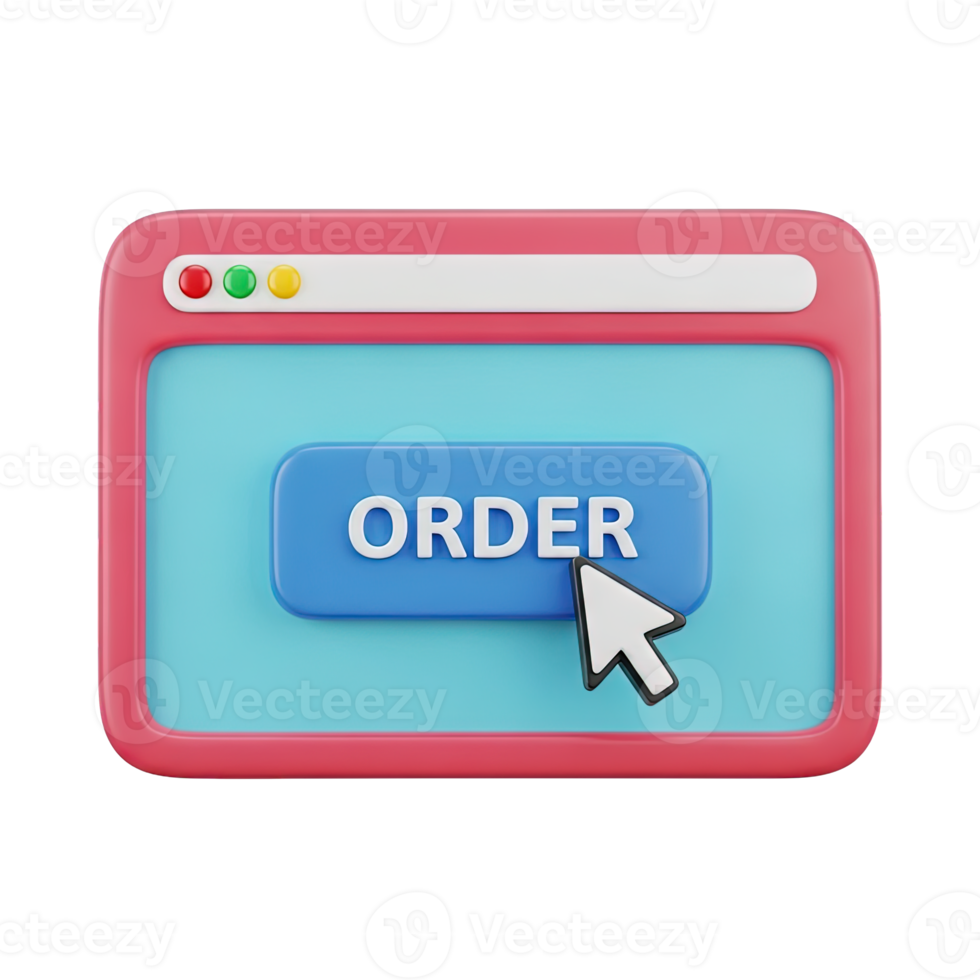 3D rendered icon of a web browser window with an order button and cursor signifying online shopping ecommerce purchase or digital transaction now png