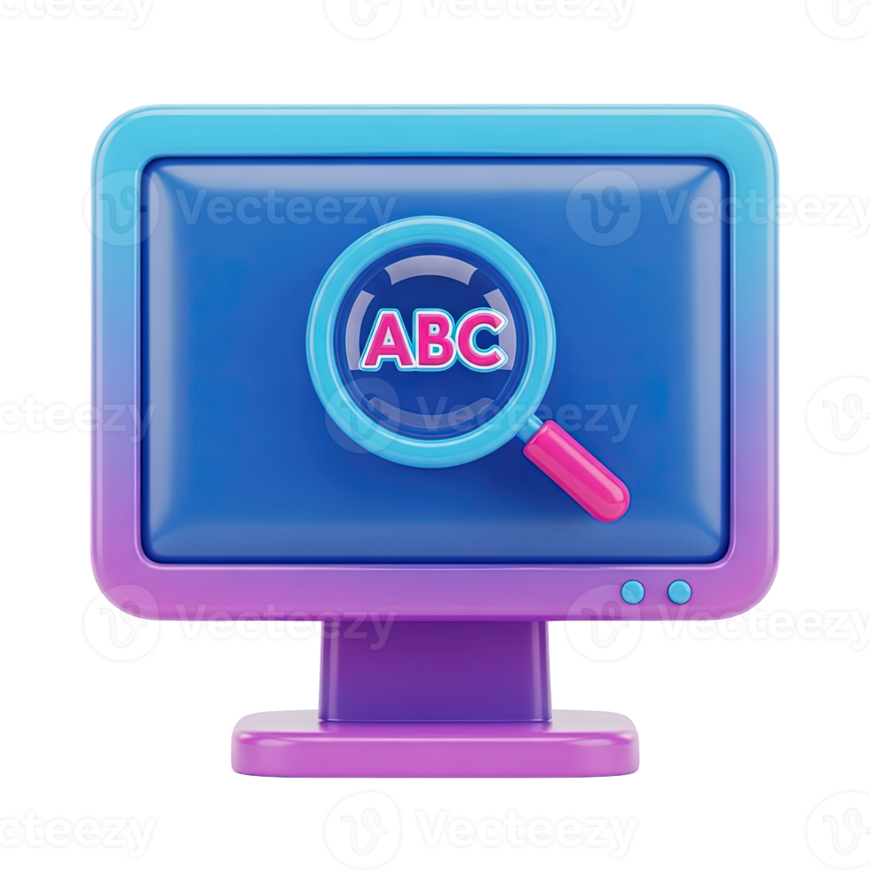 3D rendered icon of a pink computer monitor with a magnifying glass over text ABC representing search spellcheck or content analysis tasks online png