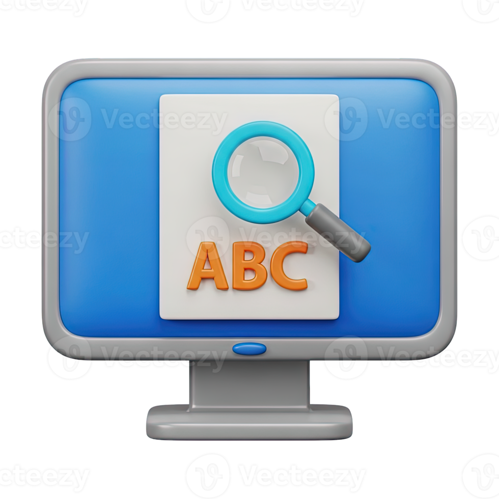 3D rendered icon of a computer monitor featuring a magnifying glass over ABC text for search functions document analysis or data lookup operations png