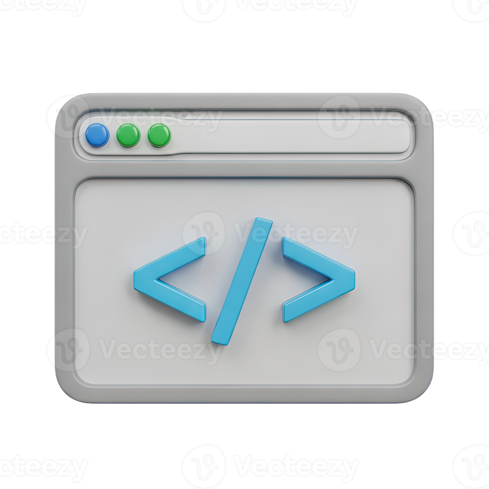 3D rendered icon of a web browser window displaying code tags symbolizing web development source code inspection or frontend programming tasks png