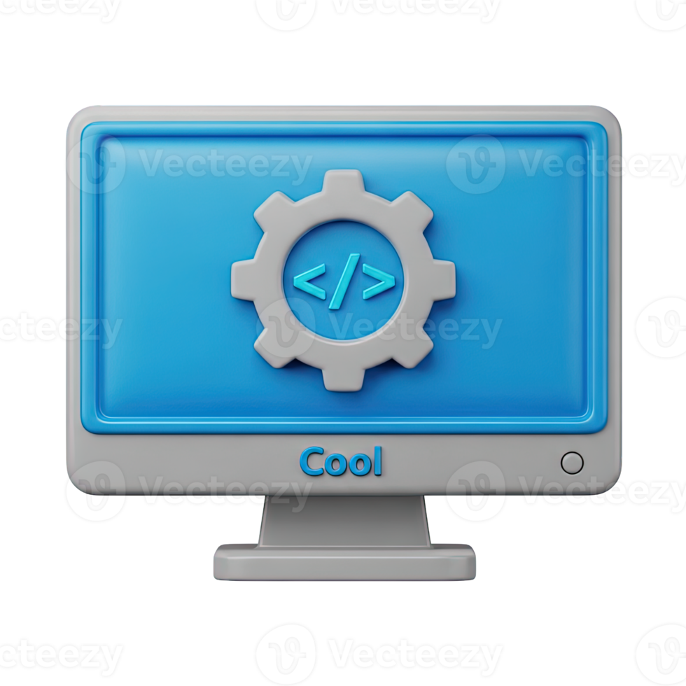 3D rendered icon of a cool computer monitor with a settings gear and code tags for advanced software development or system customization tasks png