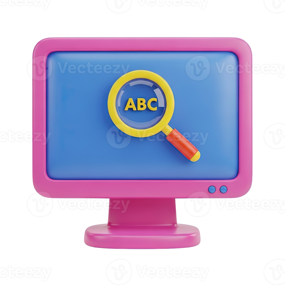 3D rendered icon of a vibrant pink computer monitor with a magnifying glass over ABC text symbolizing online search information retrieval or text analysis png