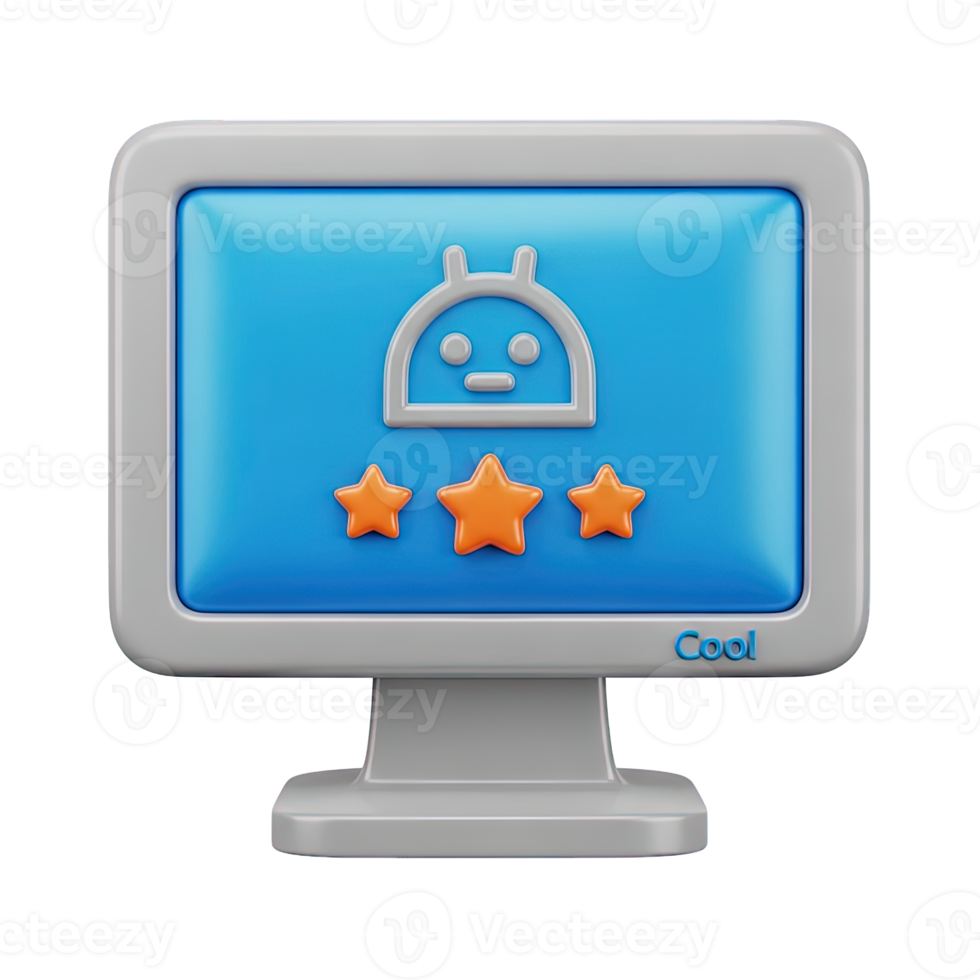 3D rendered icon of a computer monitor showing an android robot and three stars representing mobile app rating review or software quality assessment png