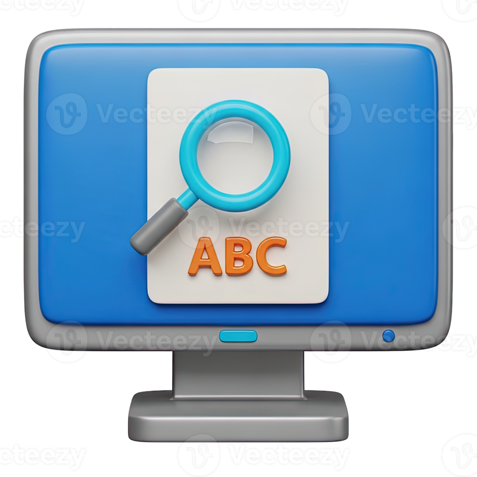 3D rendered icon of a desktop computer screen with a magnifying glass focused on ABC text representing detailed search data query or textual exam png