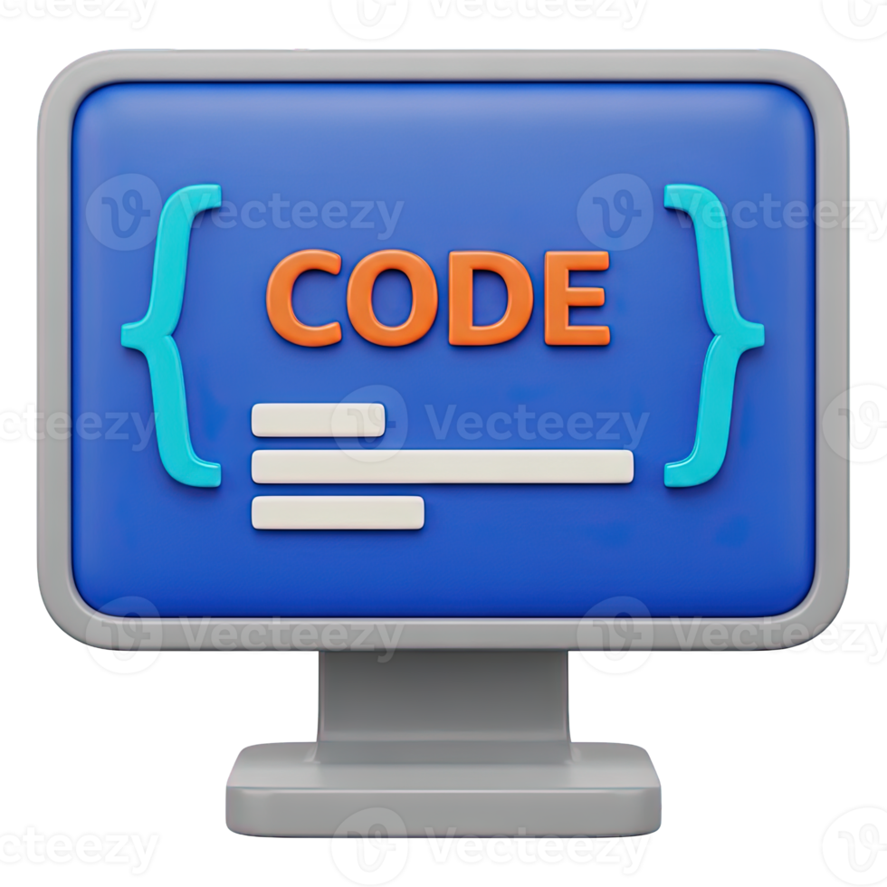 3D rendered icon of a computer monitor screen showing CODE in curly braces with an equals sign for programming assignment or variable declaration use png