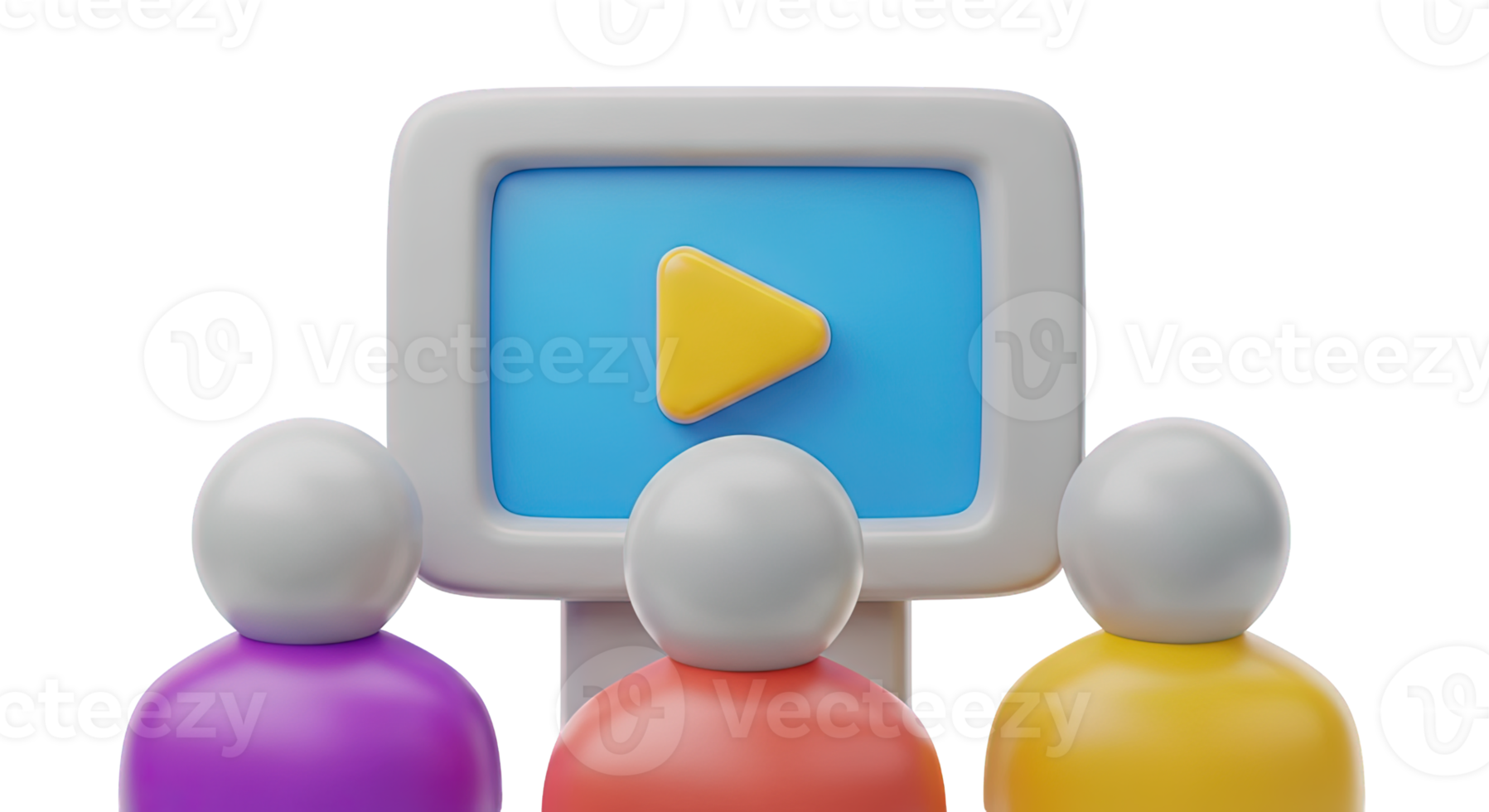 3D rendered icon of a computer screen with a play icon and multiple user figures for virtual meetings online presentations or group calls today png