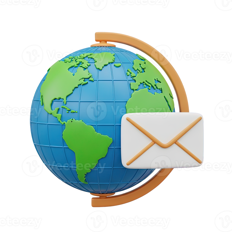 3D rendered icon of a globe on a stand with an envelope symbolizing international mail global communication or worldwide postal services delivery png