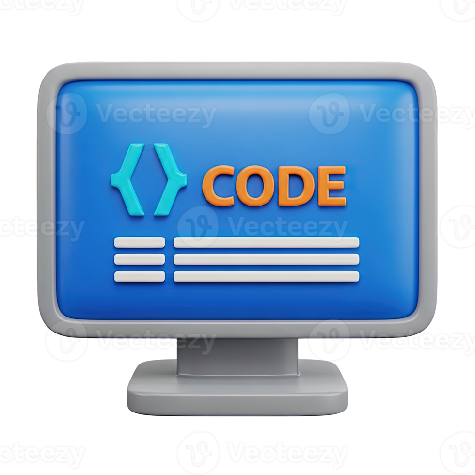 3D rendered icon of a computer monitor displaying the word CODE within curly braces symbolizing programming software development and coding languages png