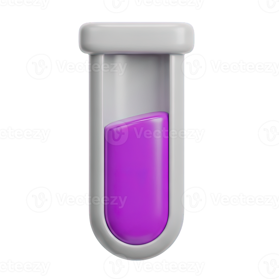 Test tube with purple liquid 3D icon for science, laboratory research, or medical analysis. Isolated render for chemistry experiments, biotech presentations. Clear scientific discovery graphic. png