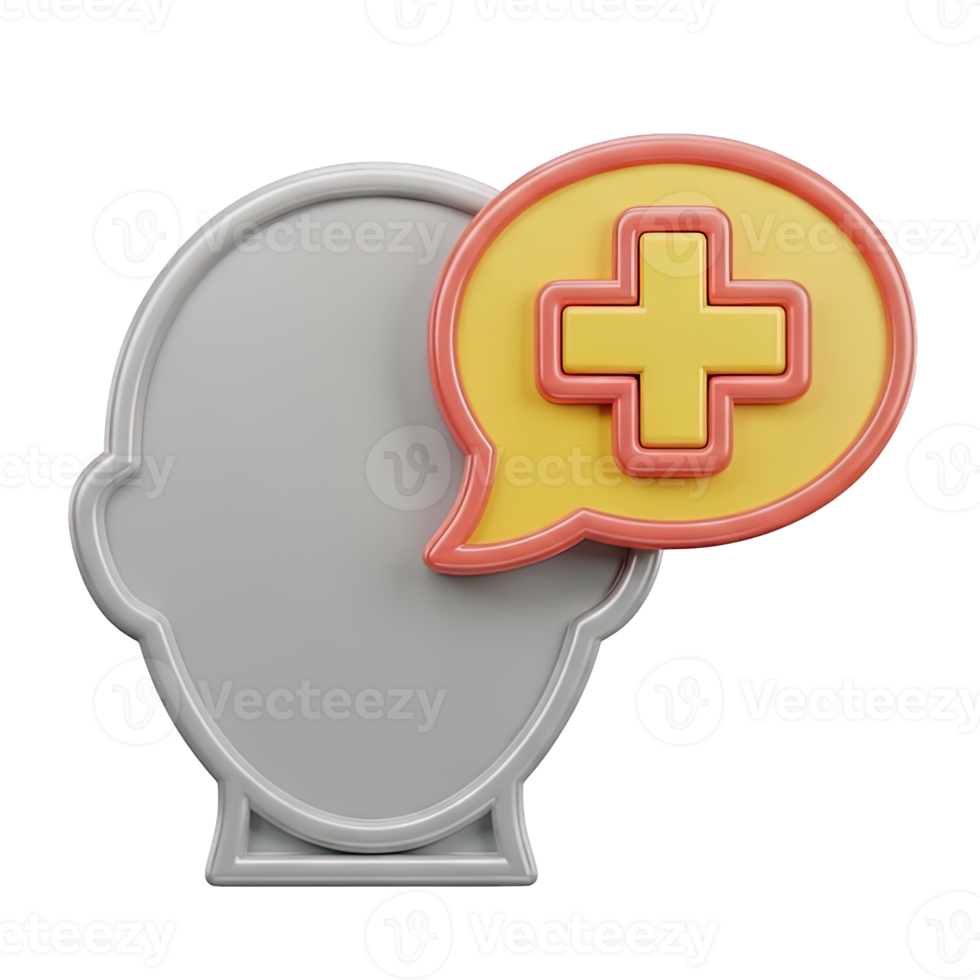 Head with medical cross speech bubble 3D icon for health advice, therapy, or mental wellbeing. Isolated render for telemedicine, counseling services. Supportive patient dialogue graphic. png