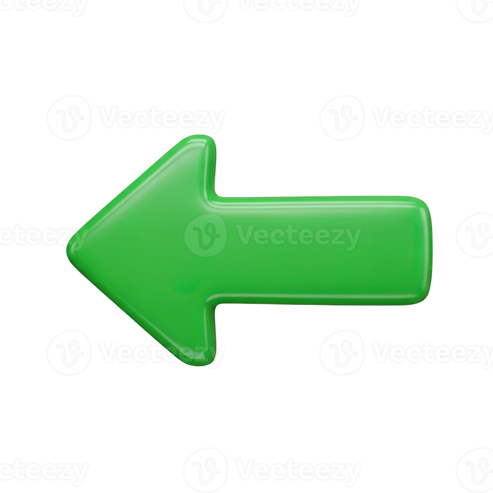 Green left arrow 3D icon for direction, navigation, or previous step. Isolated render for UI controls, slideshows, presentations, instructional guides. Simple graphic for web. png