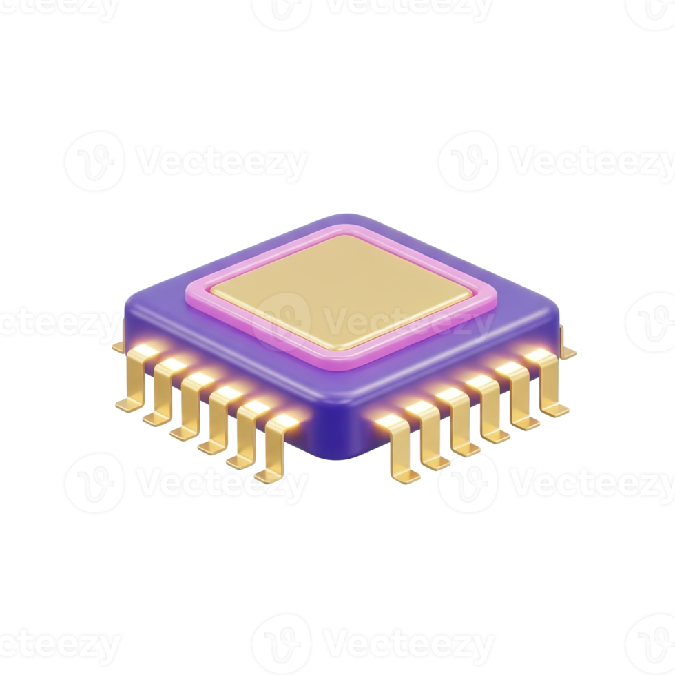 Microchip CPU 3D icon symbolizing technology, processing power, and computing. Isolated render for tech websites, hardware presentations, software visuals. Detailed electronics graphic. png