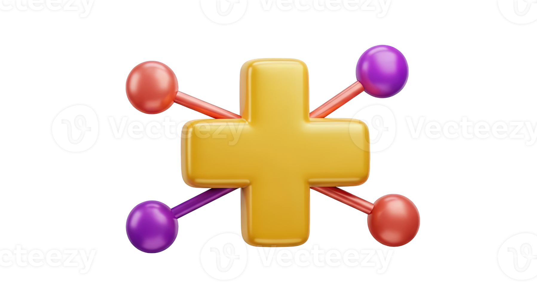 Yellow cross network 3D icon for medical connections, healthcare collaboration, first aid networks. Isolated render for health tech platforms, telemedicine. Positive care graphic. png