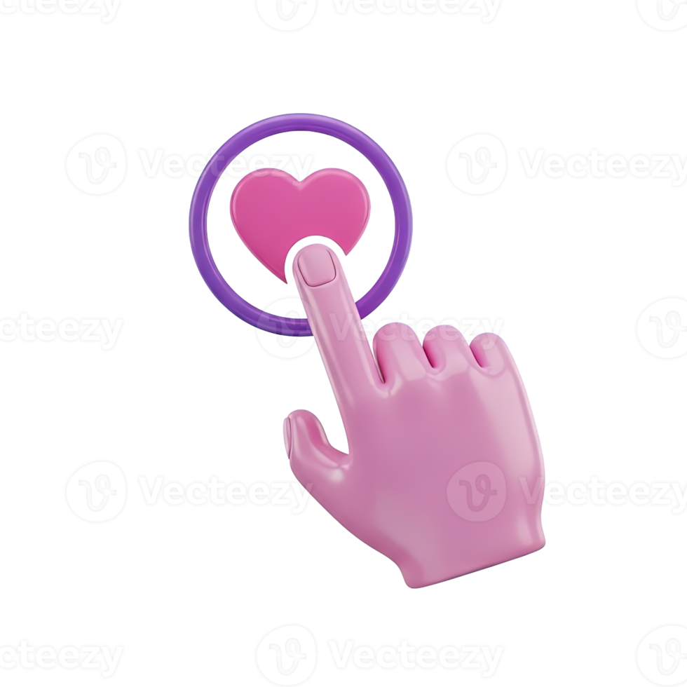 Hand tapping heart icon 3D render for like, favorite, or social media interaction. Isolated graphic for app UIs, engagement buttons, user feedback. Clean digital approval visual. png