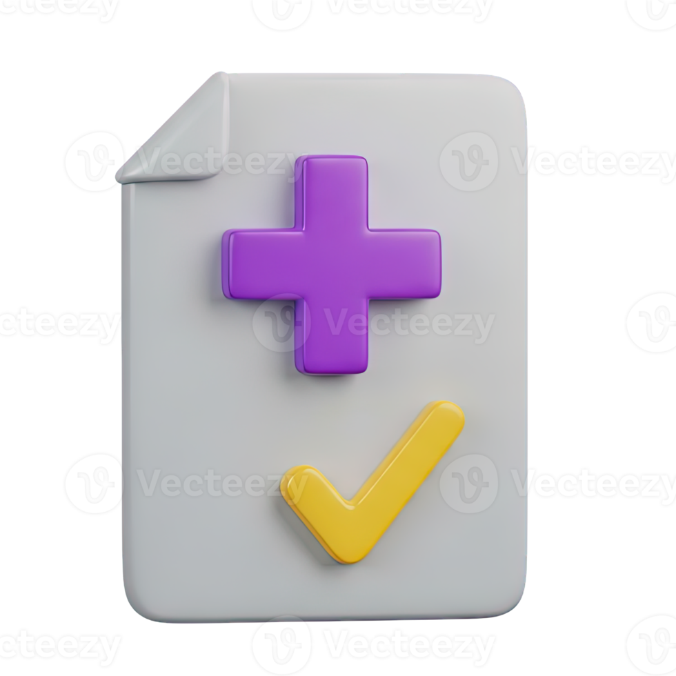 Medical document with cross and checkmark 3D icon for health records, approved treatment, insurance. Isolated render for EMR systems, patient portals. Clear verified info graphic. png
