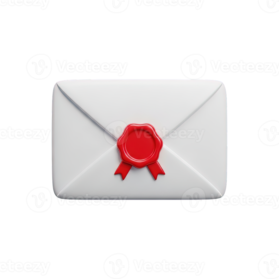 Envelope with red wax seal 3D icon for formal mail and official correspondence. Isolated render for invitations, certificates, secure messaging. Classic graphic for communications. png