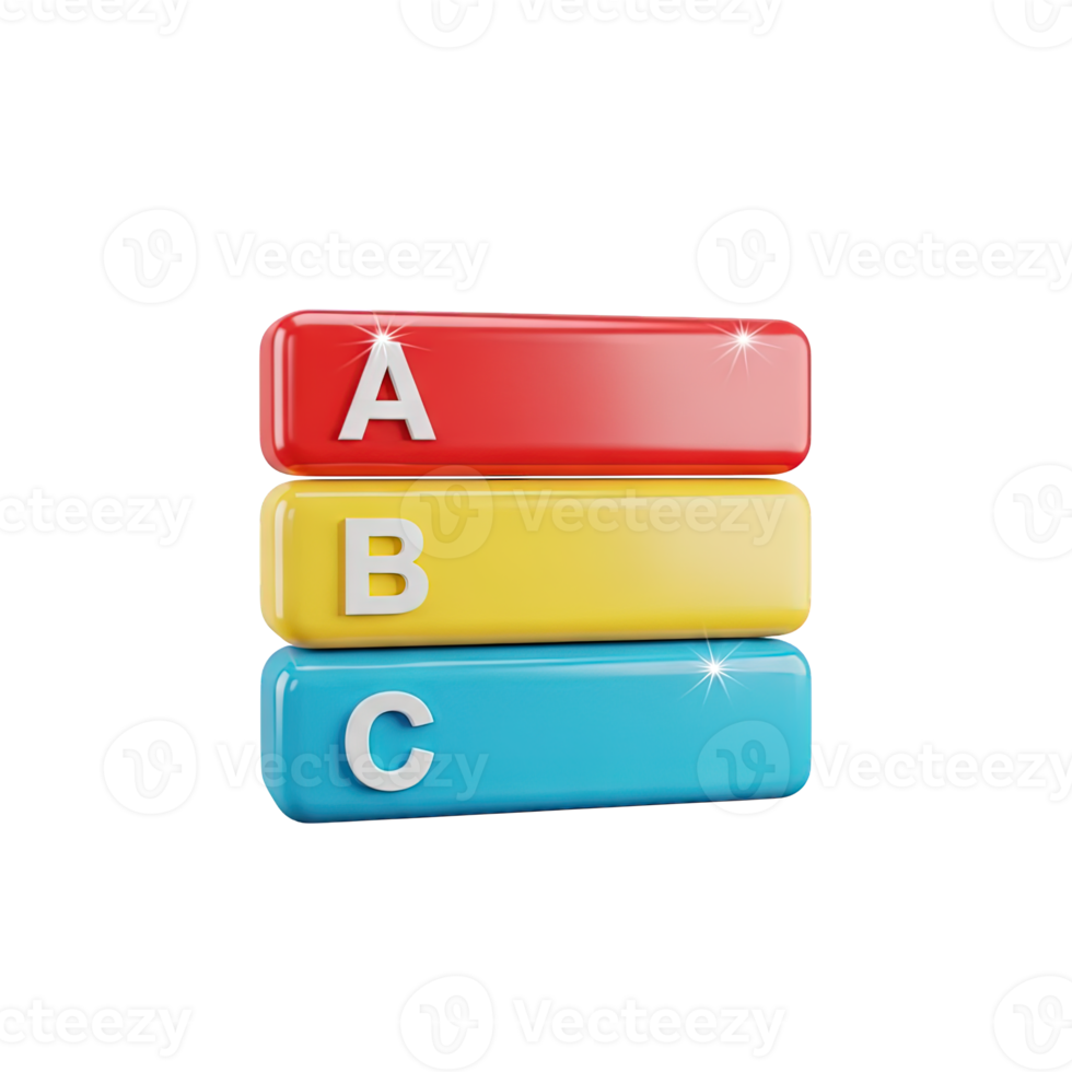 Colorful ABC stacked blocks 3D icon for education fundamentals and childhood learning. Isolated render for e learning platforms, educational toys. Playful academic graphic. png